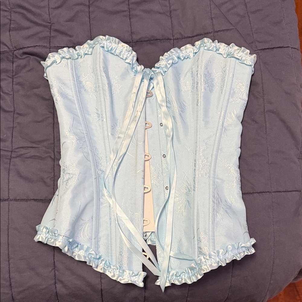 Light Blue Strapless Satin Brocade Corset Bustier with Ruffle Trim